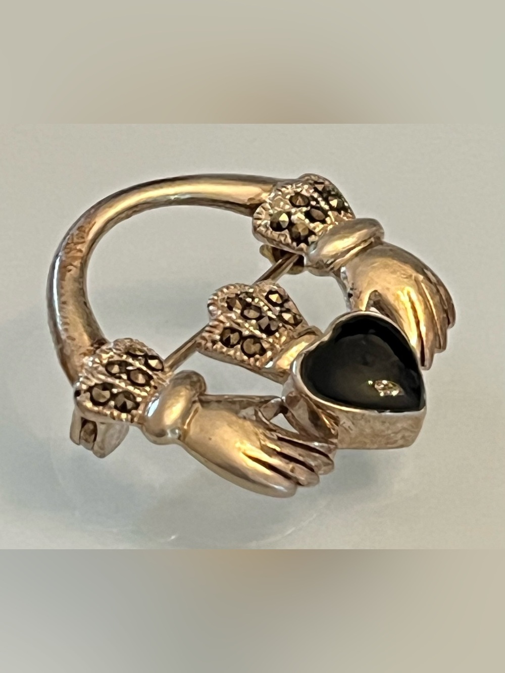 925 sterling silver Irish 1” Claddagh vintage brooch featuring marcasite accents